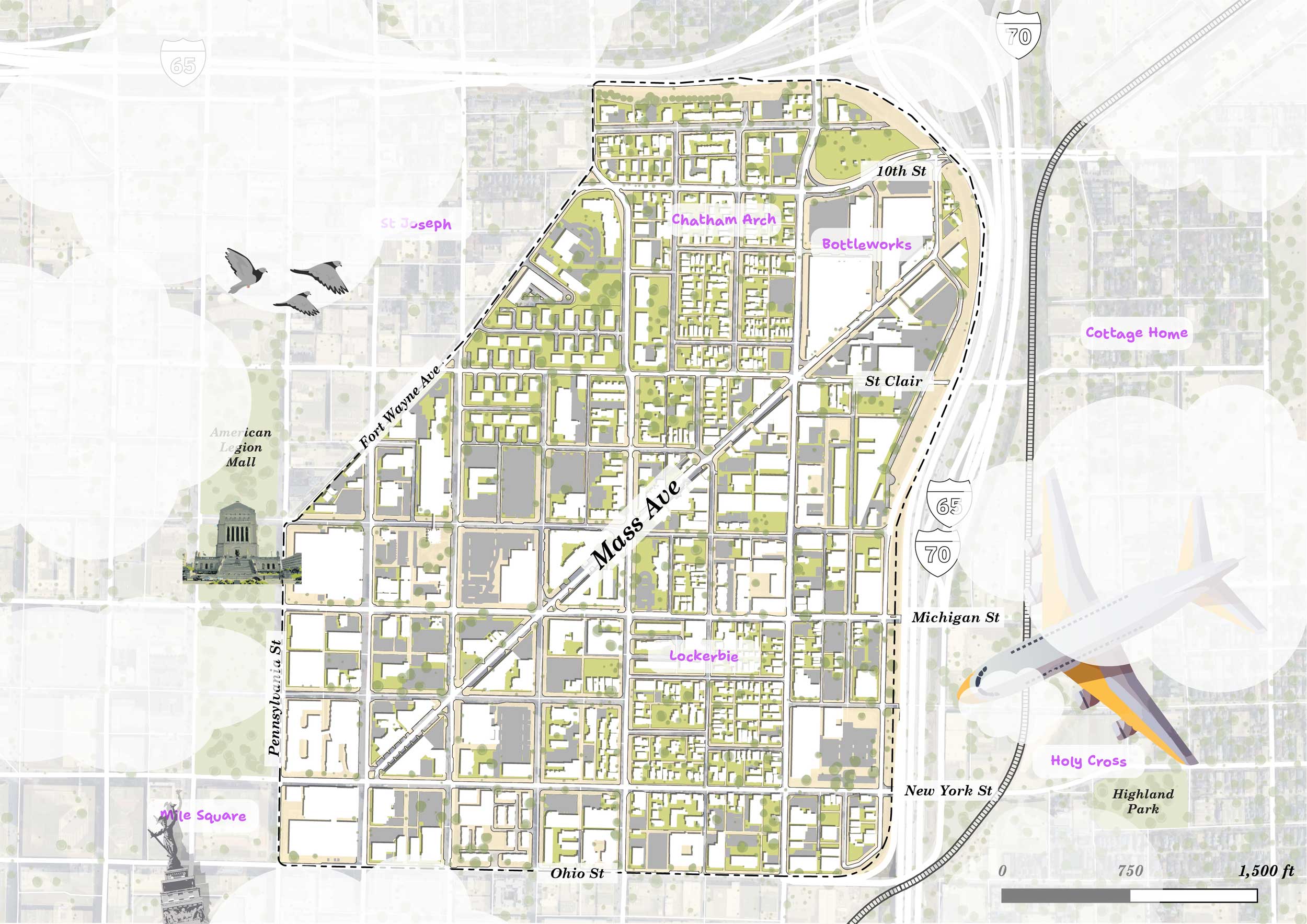 Map of the Mass Ave Next study area, bounded by Ohio Street, Pennsylvania Street, Fort Wayne Avenue, and the I-65/I-70 loop
