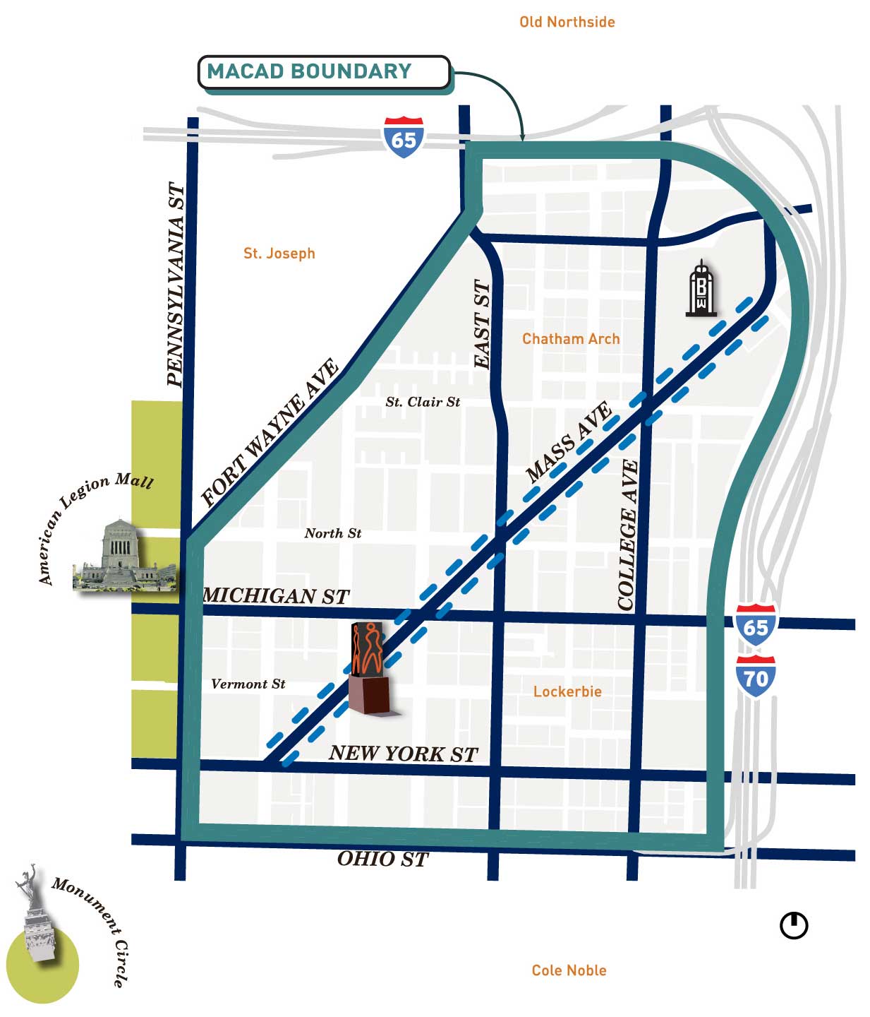 A stylized map of the Mass Ave Cultural Arts District